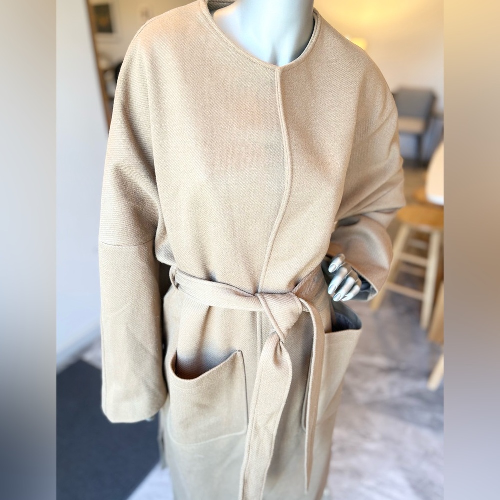 Midi Camel /Caramel Color Open With Tie Waist Round Neck Drop Shoulder Wrap Coat - Picture 2 of 15